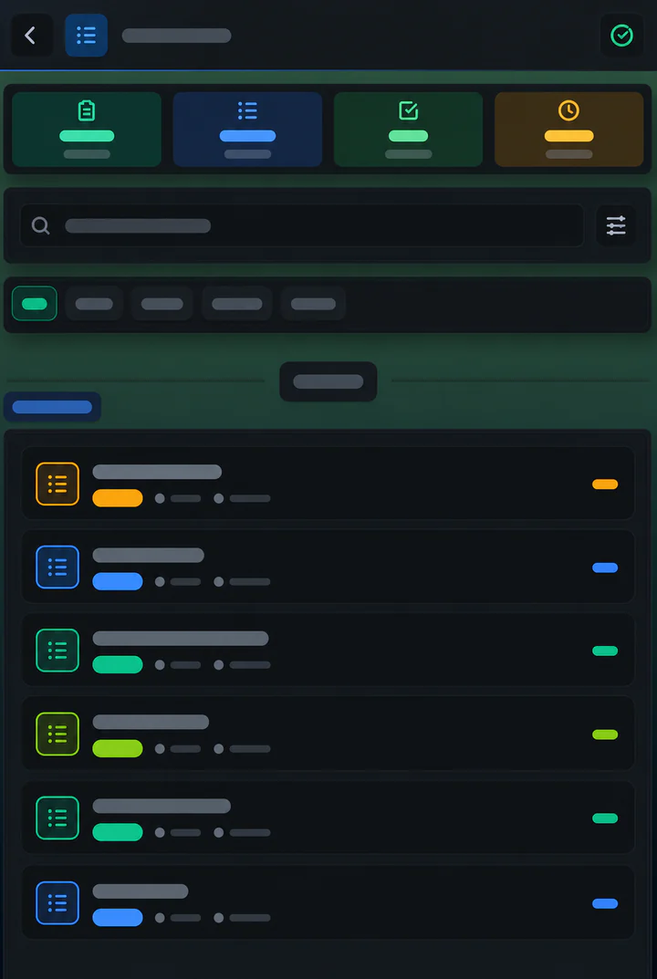izybe.app active lists screen with categories and completion statistics